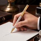 Marvel Silver gold luxury ballpoint pen with textured silver barrel and crystal accents