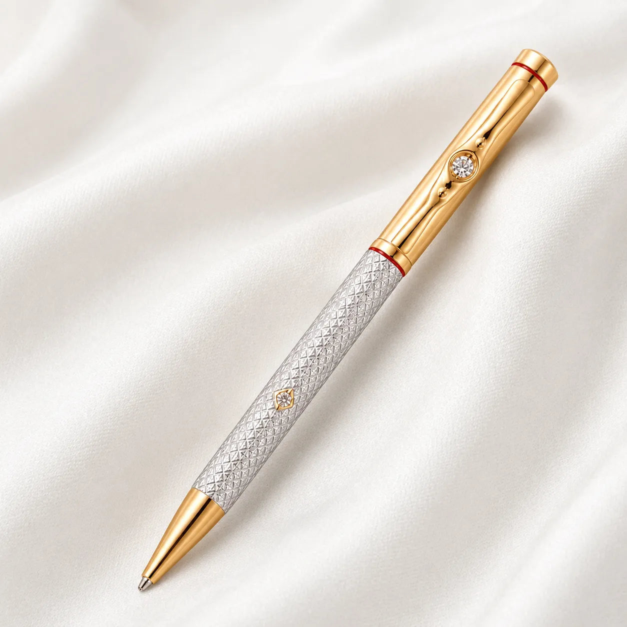 Marvel Silver gold luxury ballpoint pen with textured silver barrel and crystal accents