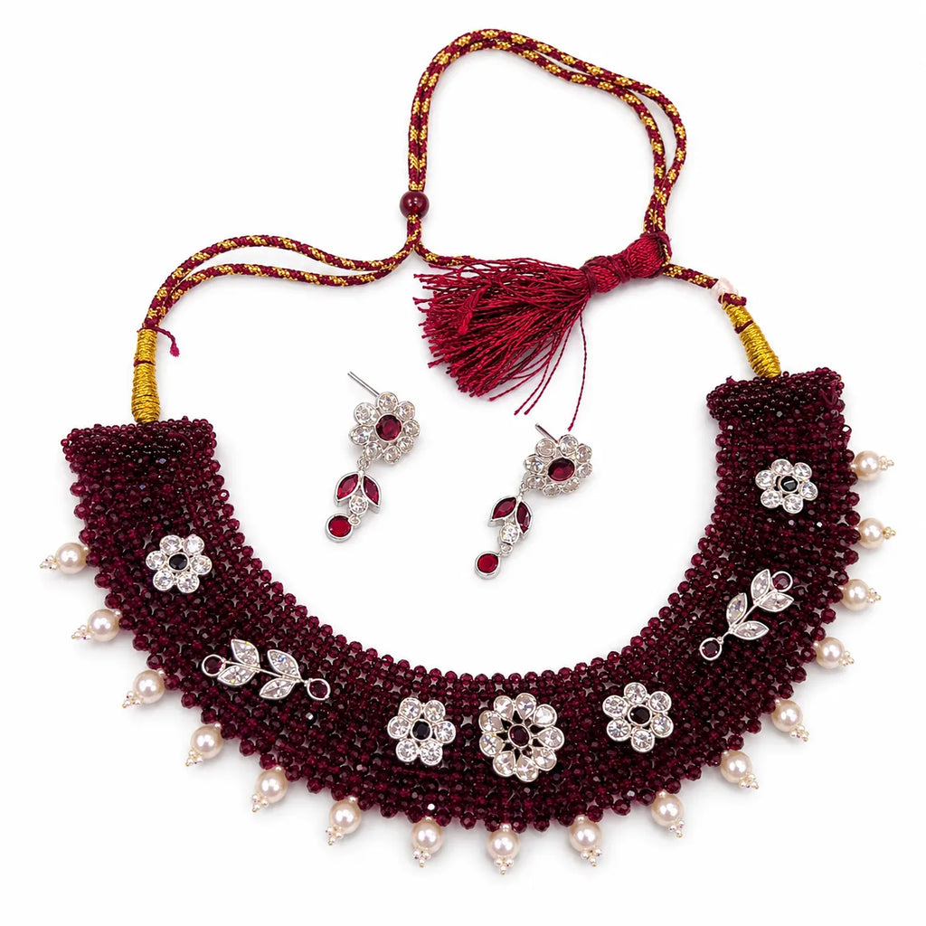 Marvel Silver maroon beaded choker necklace set with earrings and pearl drops for women