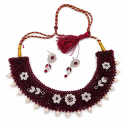 Silver Maroon Choker/Chatai Necklace Set for Women