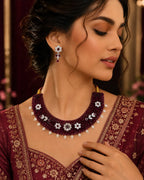 Marvel Silver maroon beaded choker necklace set with earrings and pearl drops for women
