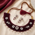 Marvel Silver maroon beaded choker necklace set with earrings and pearl drops for women