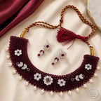 Marvel Silver maroon beaded choker necklace set with earrings and pearl drops for women
