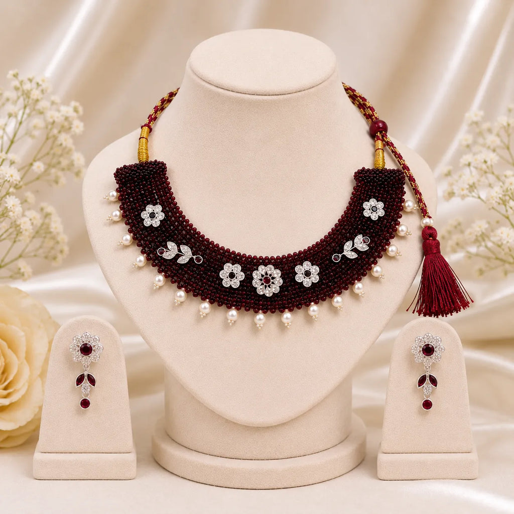 Marvel Silver maroon beaded choker necklace set with earrings and pearl drops for women