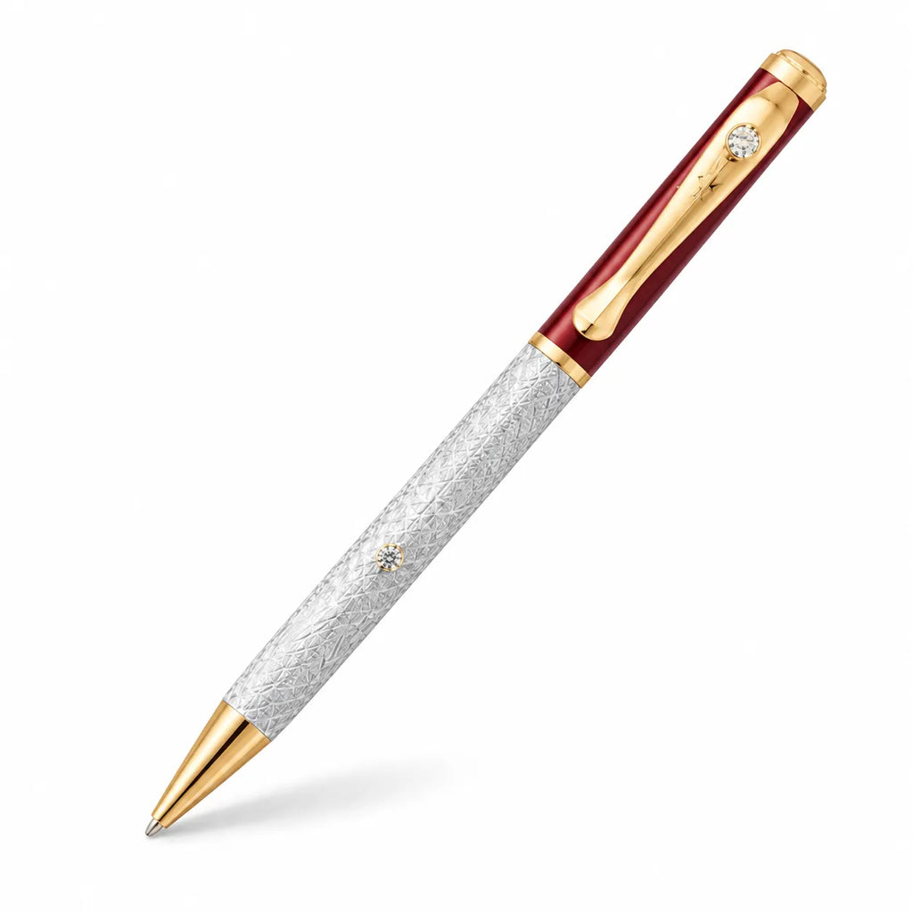 Marvel Silver maroon and gold luxury ballpoint pen with textured silver barrel