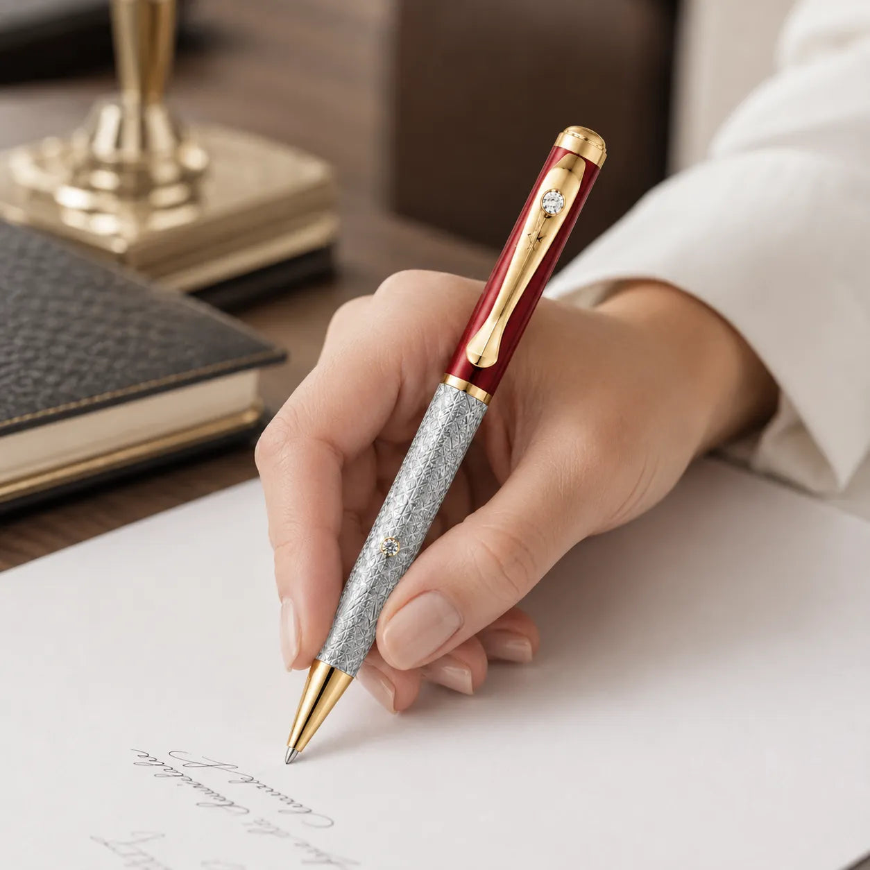 Marvel Silver maroon and gold luxury ballpoint pen with textured silver barrel