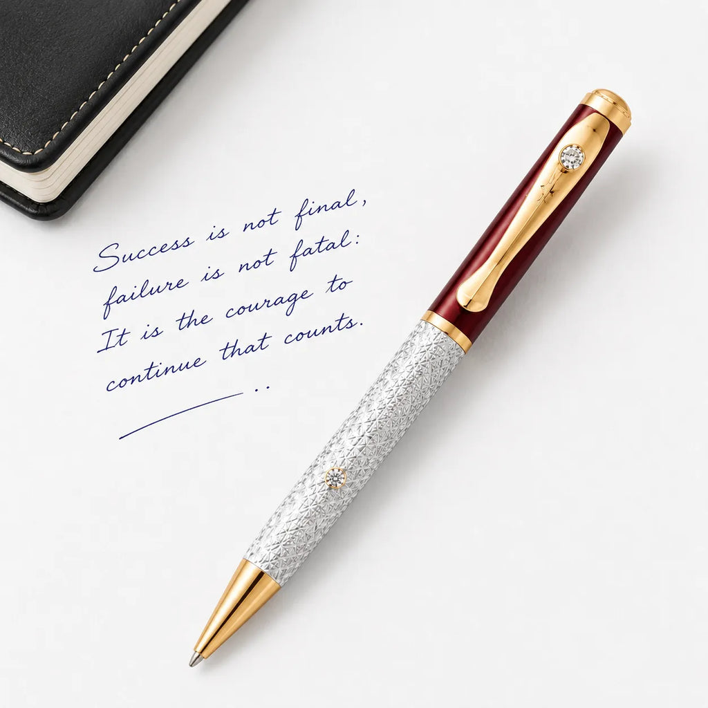 Marvel Silver maroon and gold luxury ballpoint pen with textured silver barrel