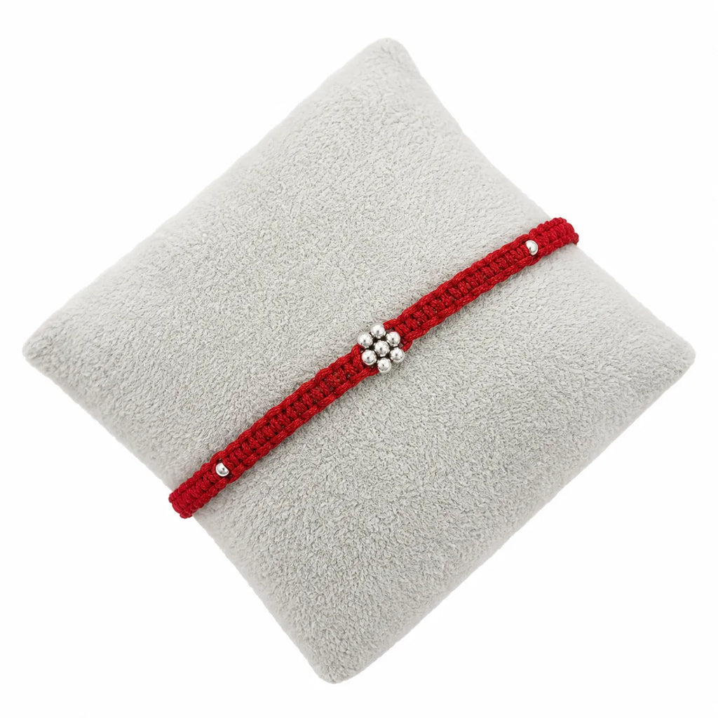 Marvel Silver minimal floral red thread rakhi for brother with silver-tone bead centre and accents