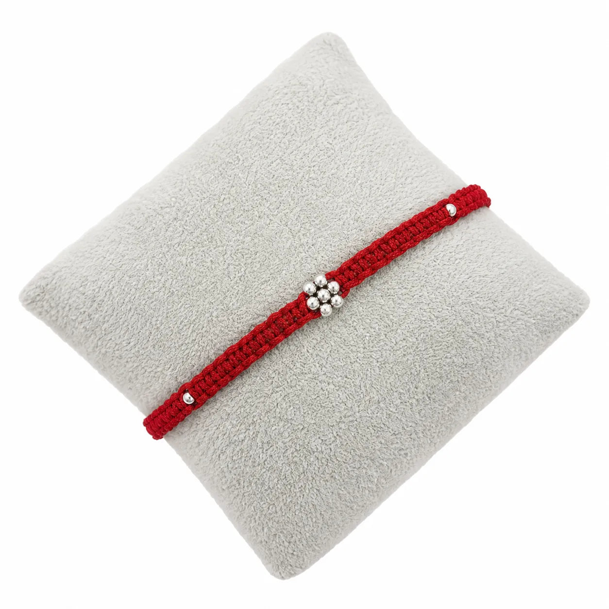 Marvel Silver minimal floral red thread rakhi for brother with silver-tone bead centre and accents
