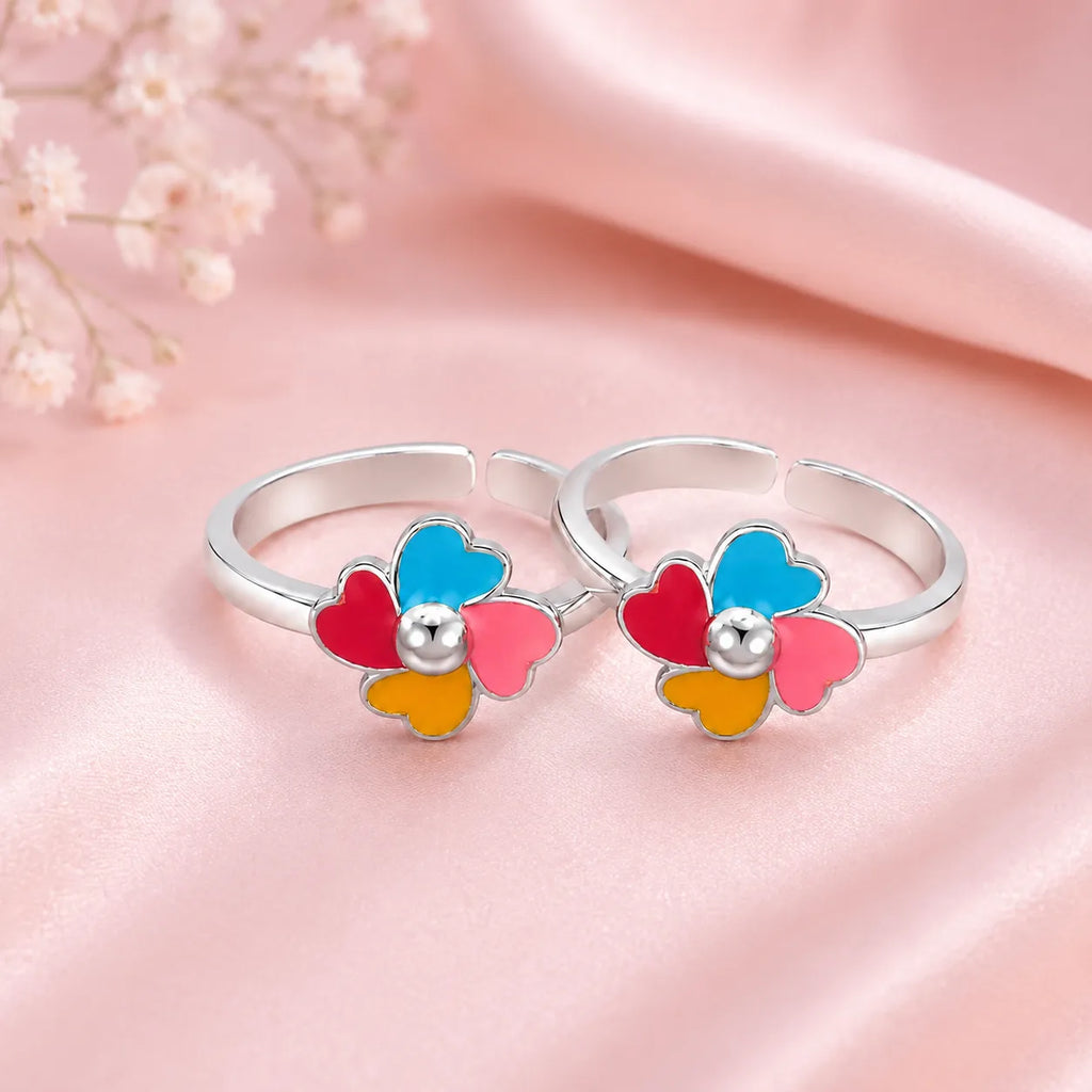 Marvel Silver multicolour flower silver toe ring pair for women