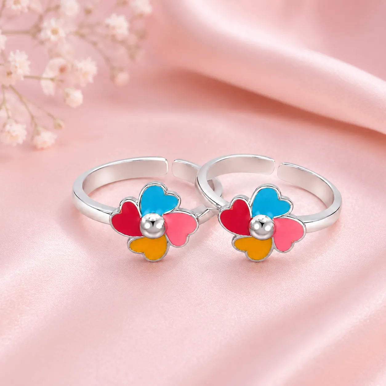 Marvel Silver multicolour flower silver toe ring pair for women