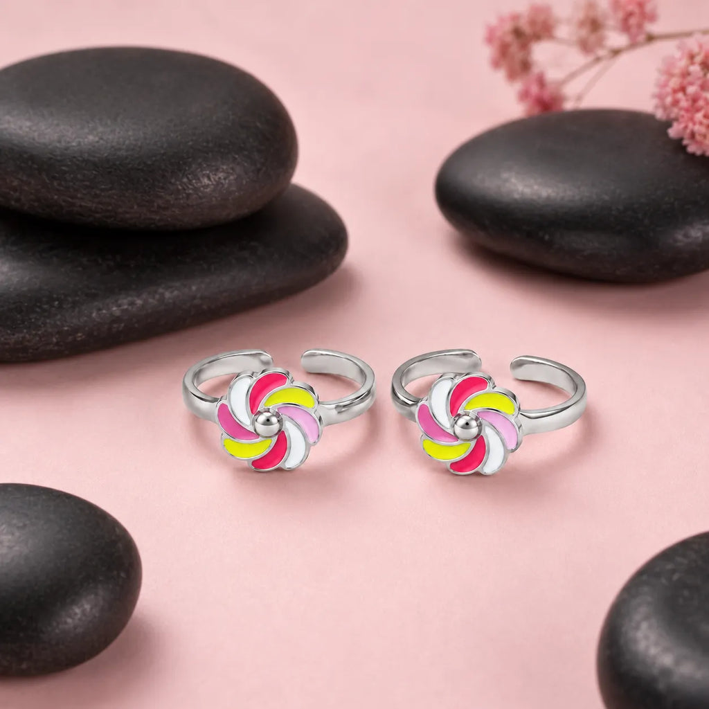 Marvel Silver multicolour flower silver toe ring pair for women