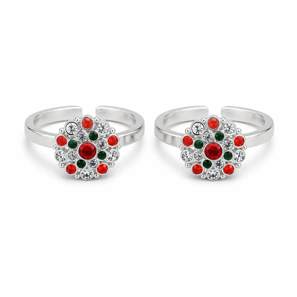 Marvel Silver multicolour floral adjustable toe ring for women with red green and white stones