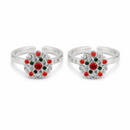 Marvel Silver multicolour floral adjustable toe ring for women with red green and white stones