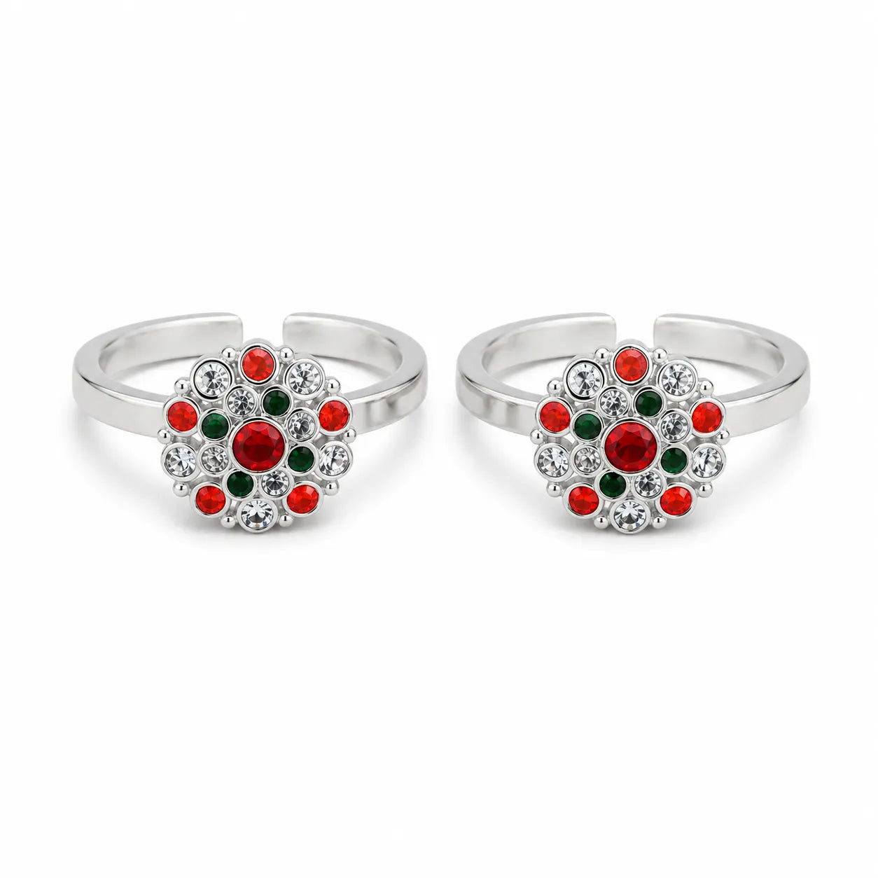 Marvel Silver multicolour floral adjustable toe ring for women with red green and white stones