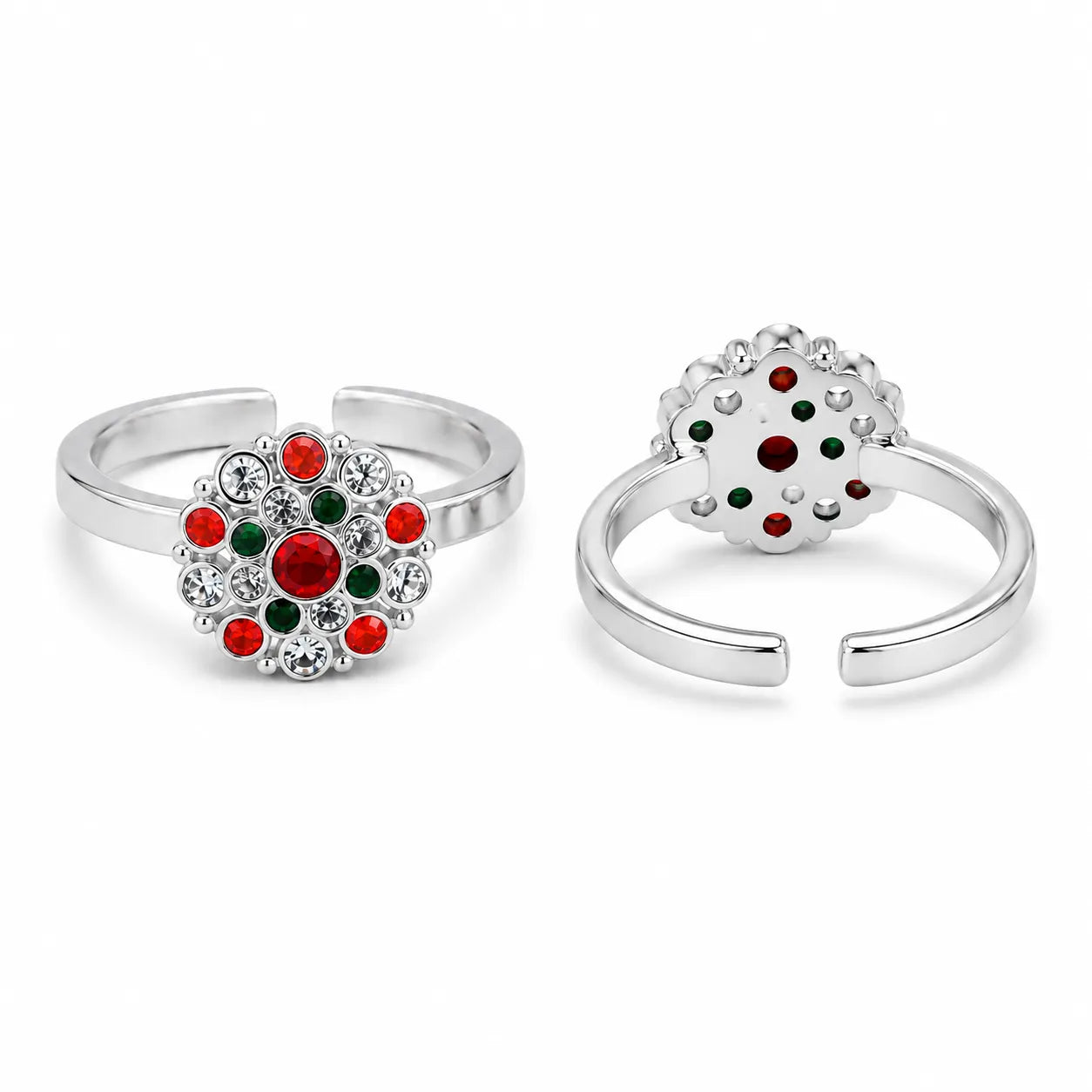 Marvel Silver multicolor floral adjustable toe ring for women with red green and white stones