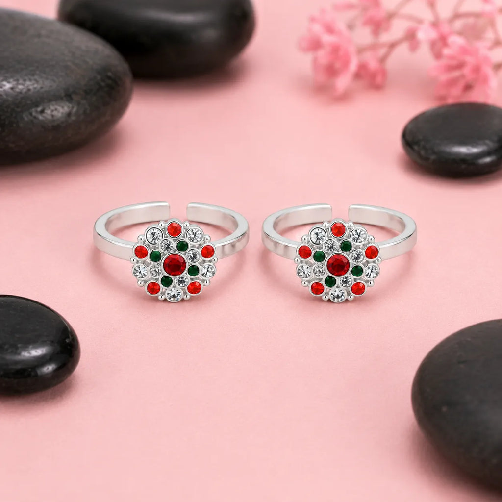 Marvel Silver multicolor floral adjustable toe ring for women with red green and white stones