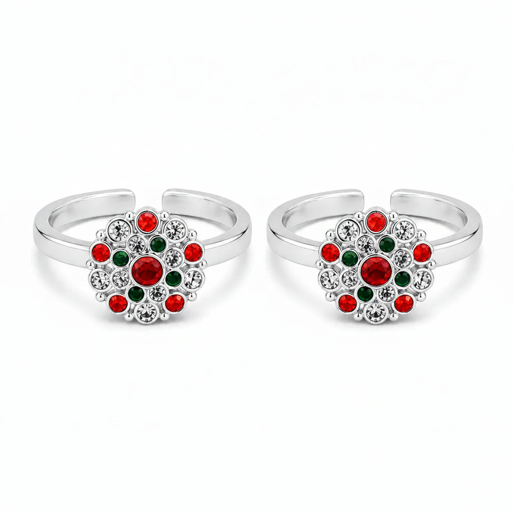 Marvel Silver multicolor floral adjustable toe ring for women with red green and white stones
