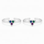 Marvel Silver multicolor triangle adjustable toe ring for women with blue green and purple stones