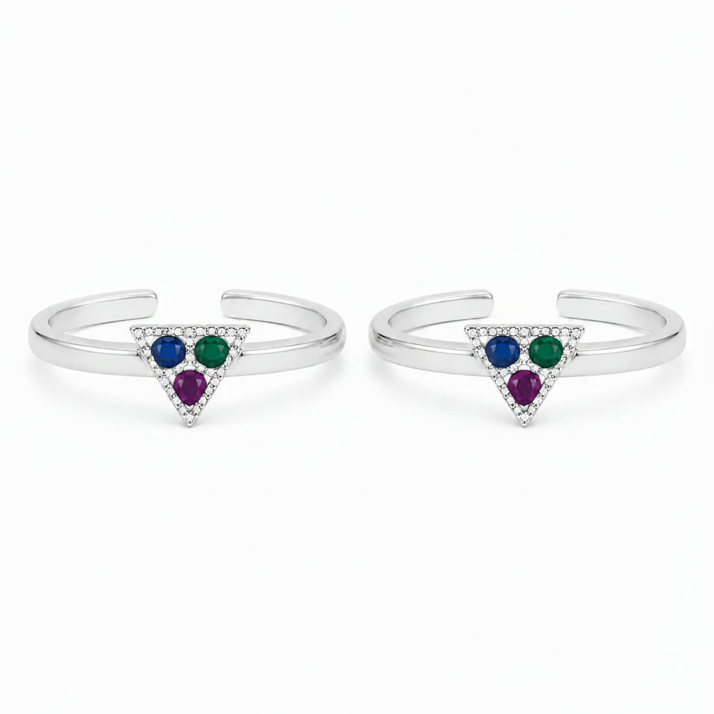 Marvel Silver multicolor triangle adjustable toe ring for women with blue green and purple stones