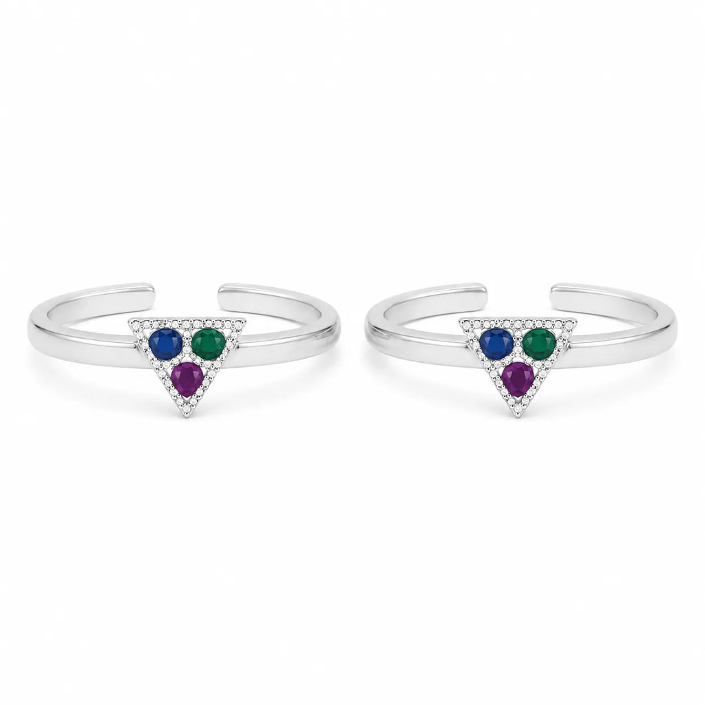 Marvel Silver multicolour triangle adjustable toe ring for women with blue green and purple stones