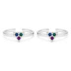 Marvel Silver multicolour triangle adjustable toe ring for women with blue green and purple stones