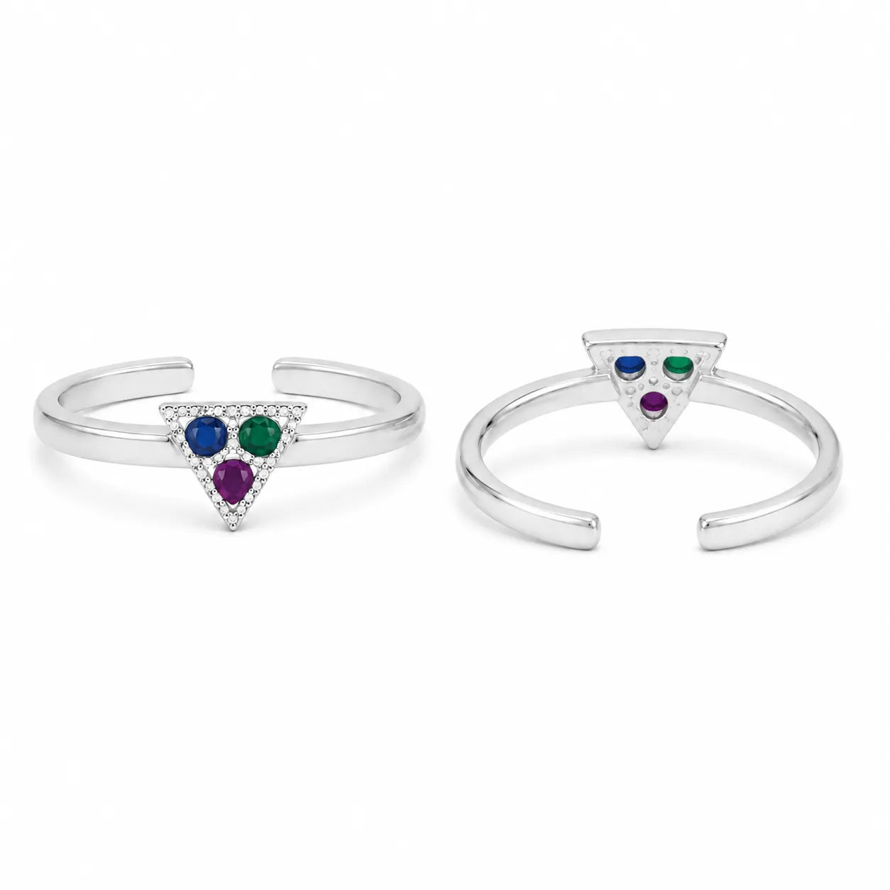 Marvel Silver multicolor triangle adjustable toe ring for women with blue green and purple stones
