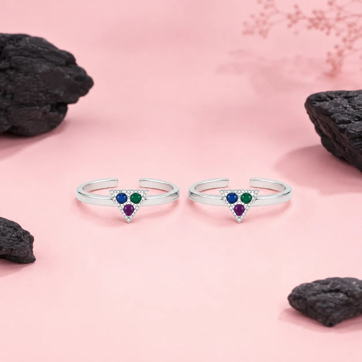 Marvel Silver multicolor triangle adjustable toe ring for women with blue green and purple stones