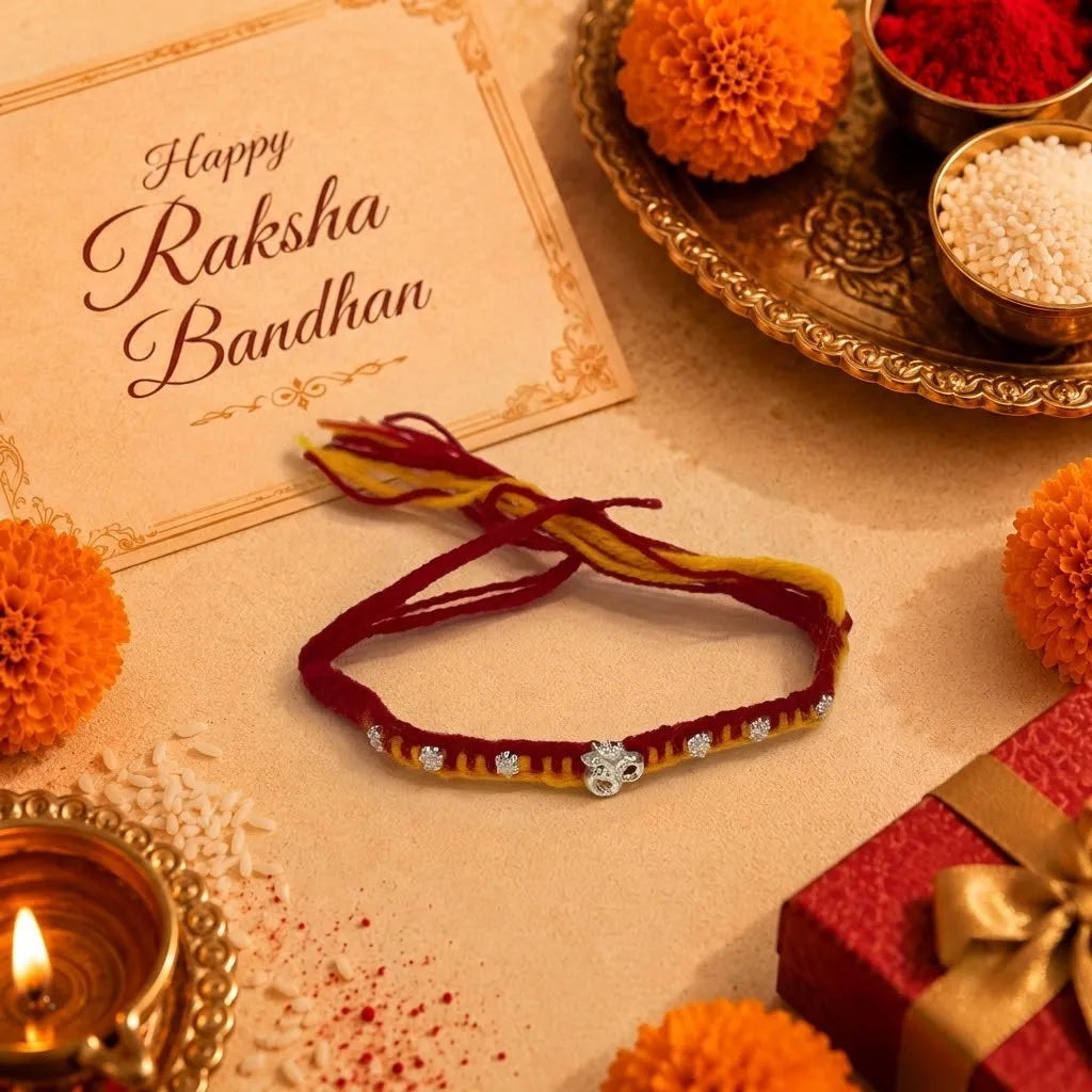 Marvel Silver Om Designer Rakhi featuring a silver-finish Om charm with crystal beads on a handcrafted red and yellow thread for Raksha Bandhan.