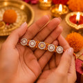 Marvel Silver Om & Lord Ganesha Designer Rakhi with stone-studded charms and handcrafted yellow maroon braided thread for Raksha Bandhan celebration.