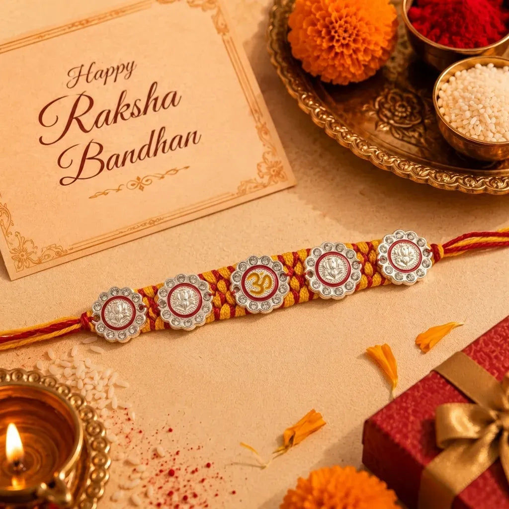 Marvel Silver Om & Lord Ganesha Designer Rakhi with stone-studded charms and handcrafted yellow maroon braided thread for Raksha Bandhan celebration.