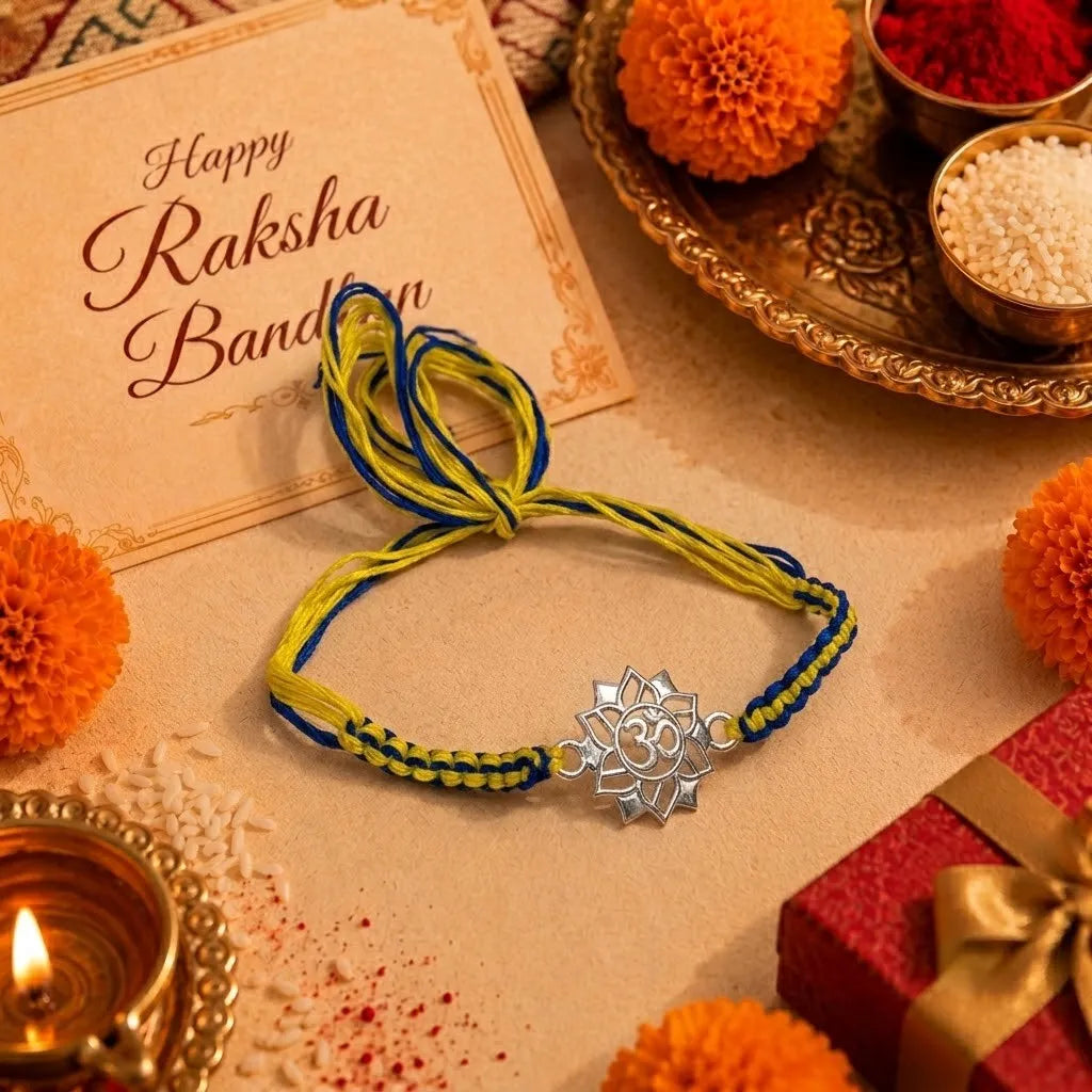 Marvel Silver Om Lotus Rakhi with silver finish Om symbol and blue yellow handcrafted thread for Raksha Bandhan.