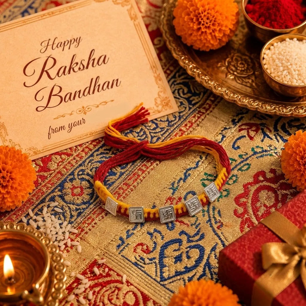 Marvel Silver handcrafted Om & Swastik designer Rakhi with traditional red and yellow braided thread for Raksha Bandhan.