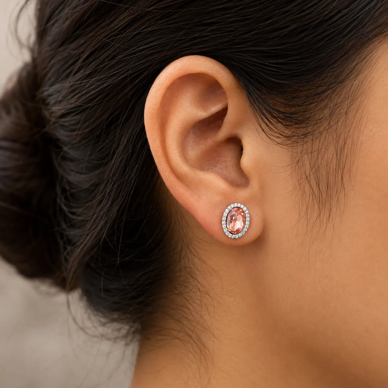 Marvel Silver peach oval stone stud earrings for girls with 1 cm size