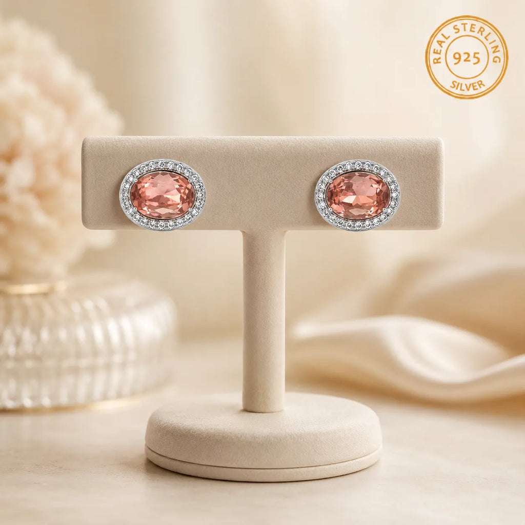 Marvel Silver peach oval stone stud earrings for girls with 1 cm size
