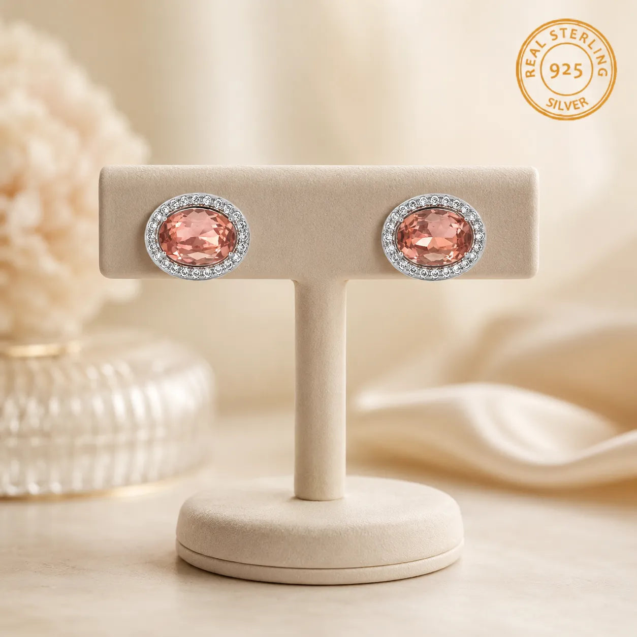 Marvel Silver peach oval stone stud earrings for girls with 1 cm size