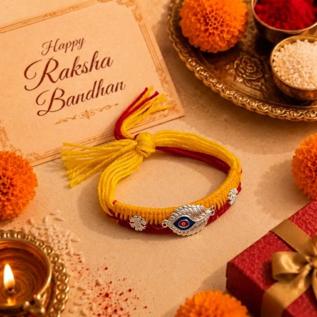 Marvel Silver designer silver peacock feather rakhi with red stone centerpiece and handcrafted yellow and red cotton thread for Raksha Bandhan.