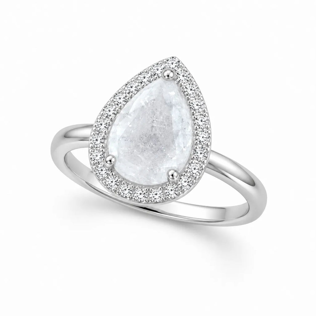 Marvel Silver pear shape white stone silver ring for women with sparkling halo design