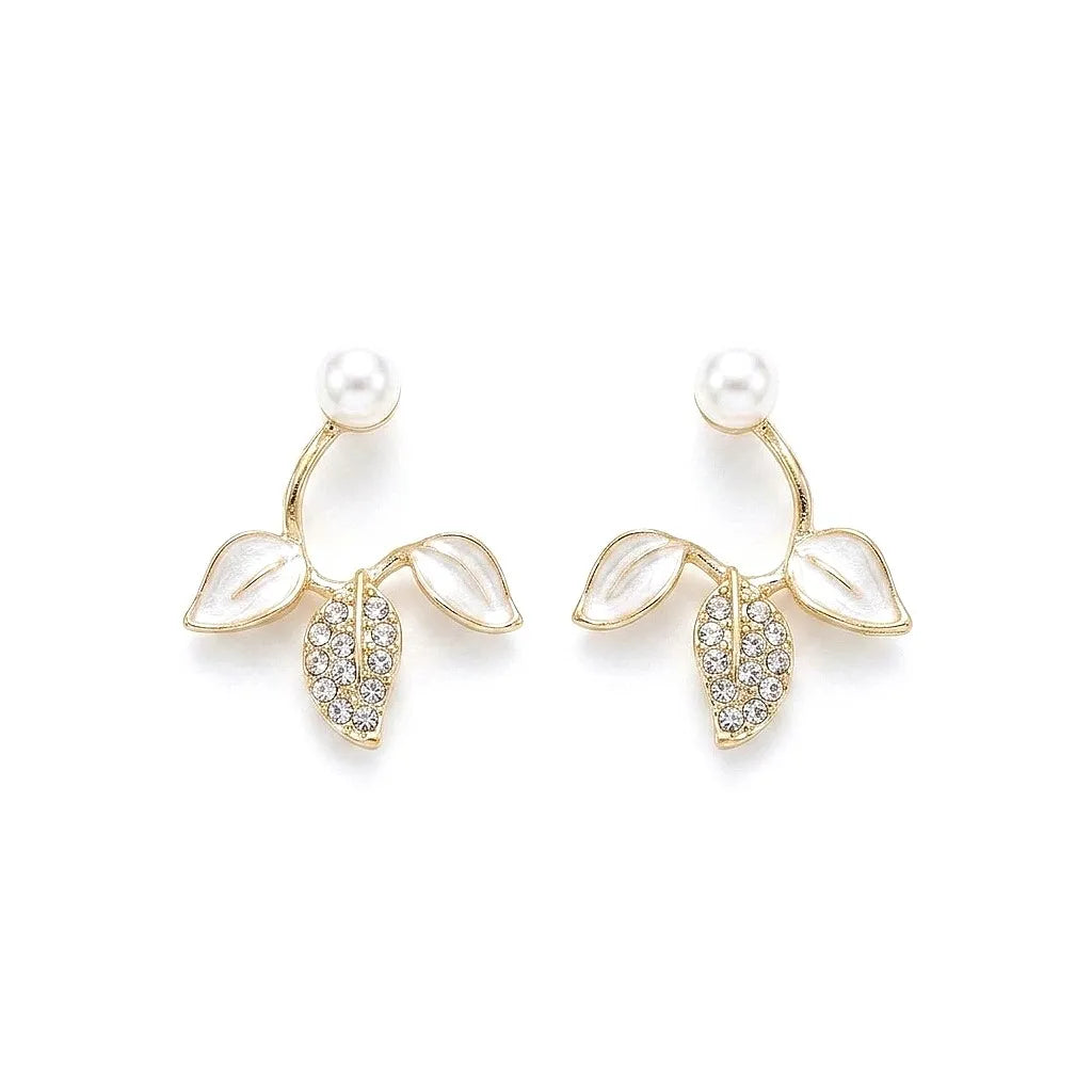 Marvel Silver pearl leaf designer imitation stud earrings with CZ stones, enamel leaves, and premium gold-plated finish for women.