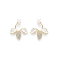 Marvel Silver pearl leaf designer imitation stud earrings with CZ stones, enamel leaves, and premium gold-plated finish for women.