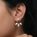 Marvel Silver pearl leaf designer imitation stud earrings with CZ stones, enamel leaves, and premium gold-plated finish for women.