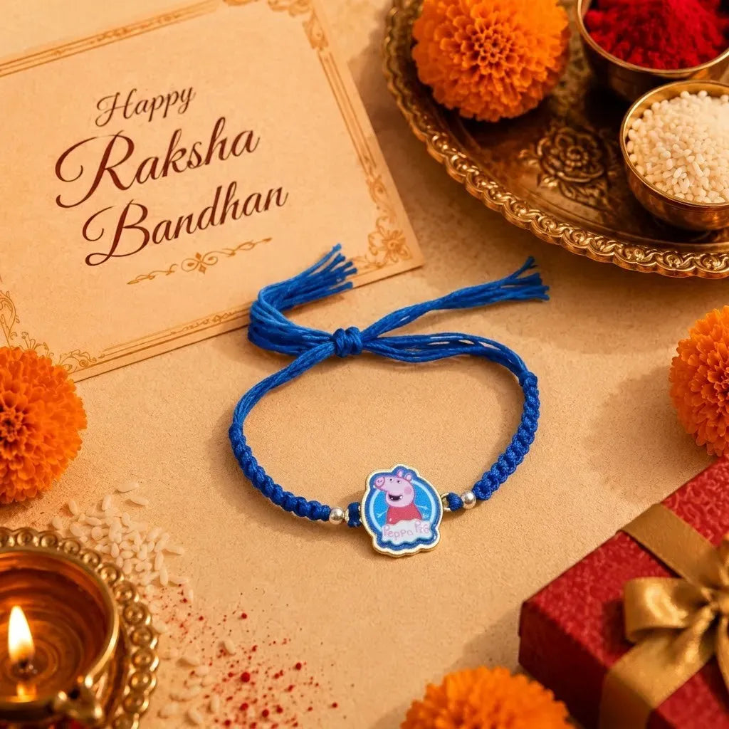 Marvel Silver Peppa Pig Silver Rakhi for Kids with Blue Woven Thread