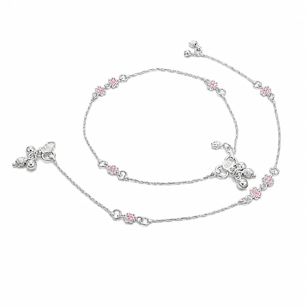 Marvel Silver pink flower charm girls payal pair with fine silver chain and hanging charms