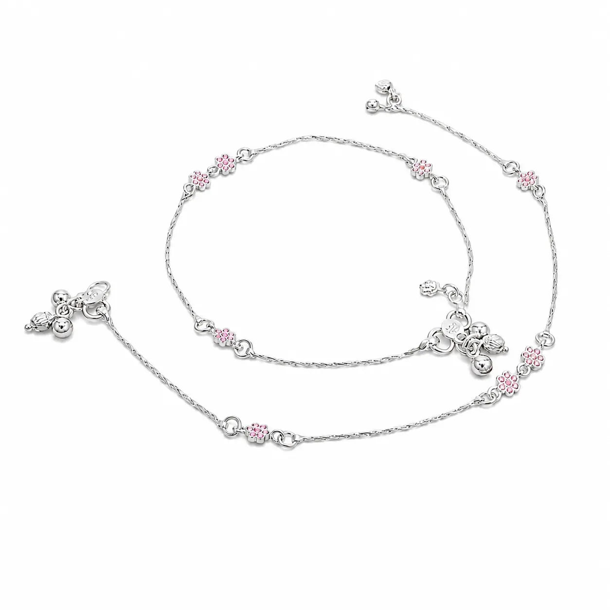 Marvel Silver pink flower charm girls payal pair with fine silver chain and hanging charms