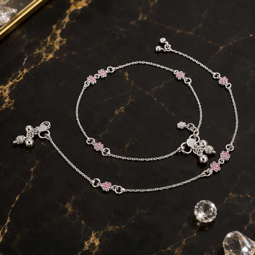 Marvel Silver pink flower charm girls payal pair with fine silver chain and hanging charms