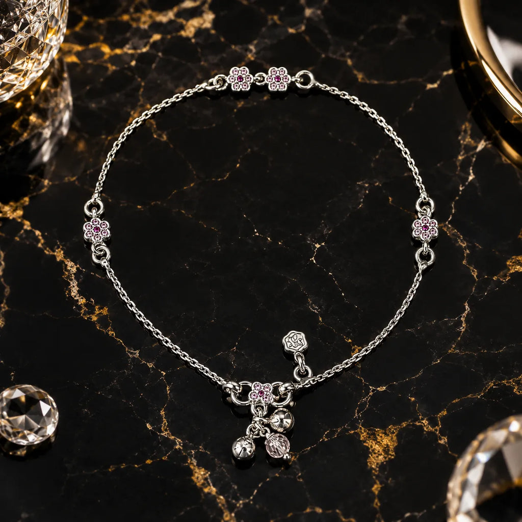 Marvel Silver pink flower charm girls payal pair with fine silver chain and hanging charms