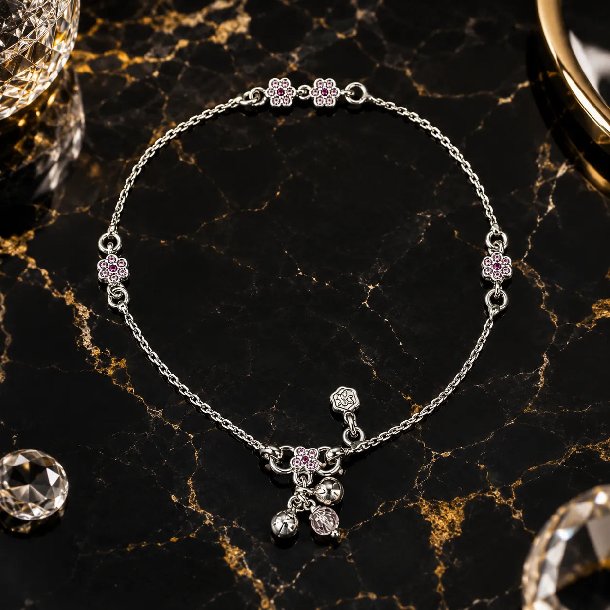 Marvel Silver pink flower charm girls payal pair with fine silver chain and hanging charms