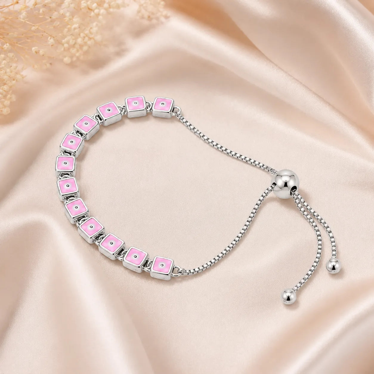 Marvel Silver pink square charm silver bracelet for women with adjustable slider lock