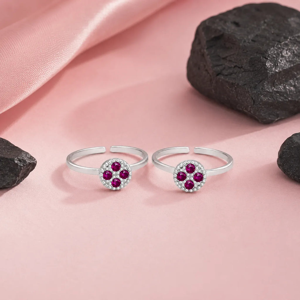 Marvel Silver pink stone silver toe ring pair for women with adjustable open band