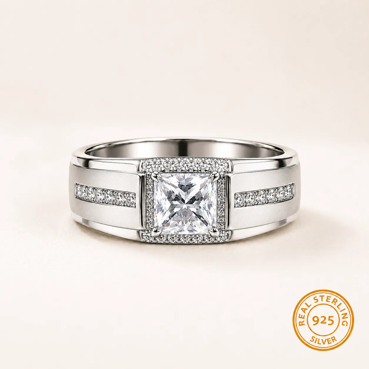 Marvel Silver princess cut CZ stone silver ring for men with 2.3 cm size